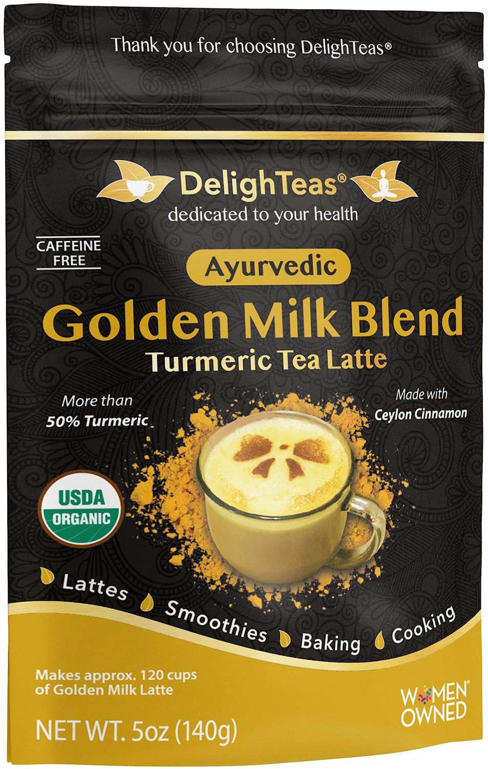 DelighTeas Organic Golden Milk Powder with Turmeric, Ginger, Ceylon Cinnamon Ayurvedic Spices for Golden Turmeric Latte Unsweetened, Vegan, Non-GMO, Keto 120 Servings, 5 oz.