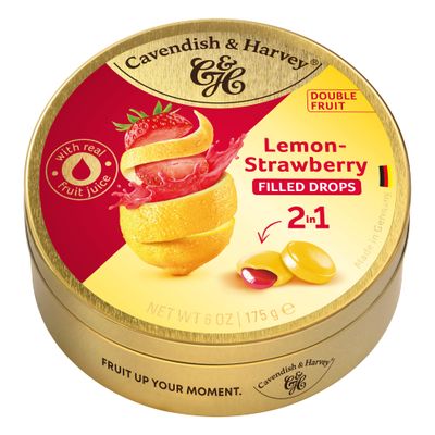 Cavendish &amp; Harvey Double Fruit Drops - Lemon with Strawberry Filling 175g 6 ounce Tin