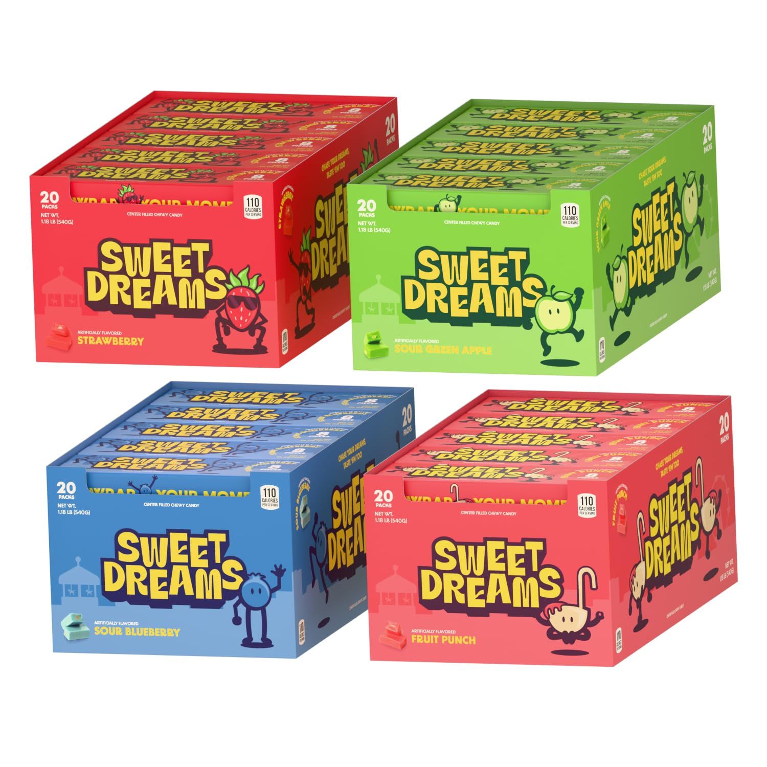 Sweet Dreams Center Filled Candy Chews - Soft Candies with Real Fruity Flavors - Great for All Occasions and Holidays - Halloween, Easter, Hanukkah, Christmas, Valentines Day and more- Variety, 4 Pack