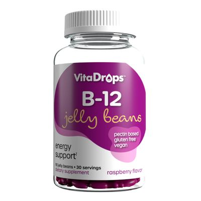 VitaDrops B-12 Jelly Beans, Supports Energy, Pectin Based, Vegan &amp; Gluten Free, Raspberry Flavor, 90 Jelly Beans, 30 Servings