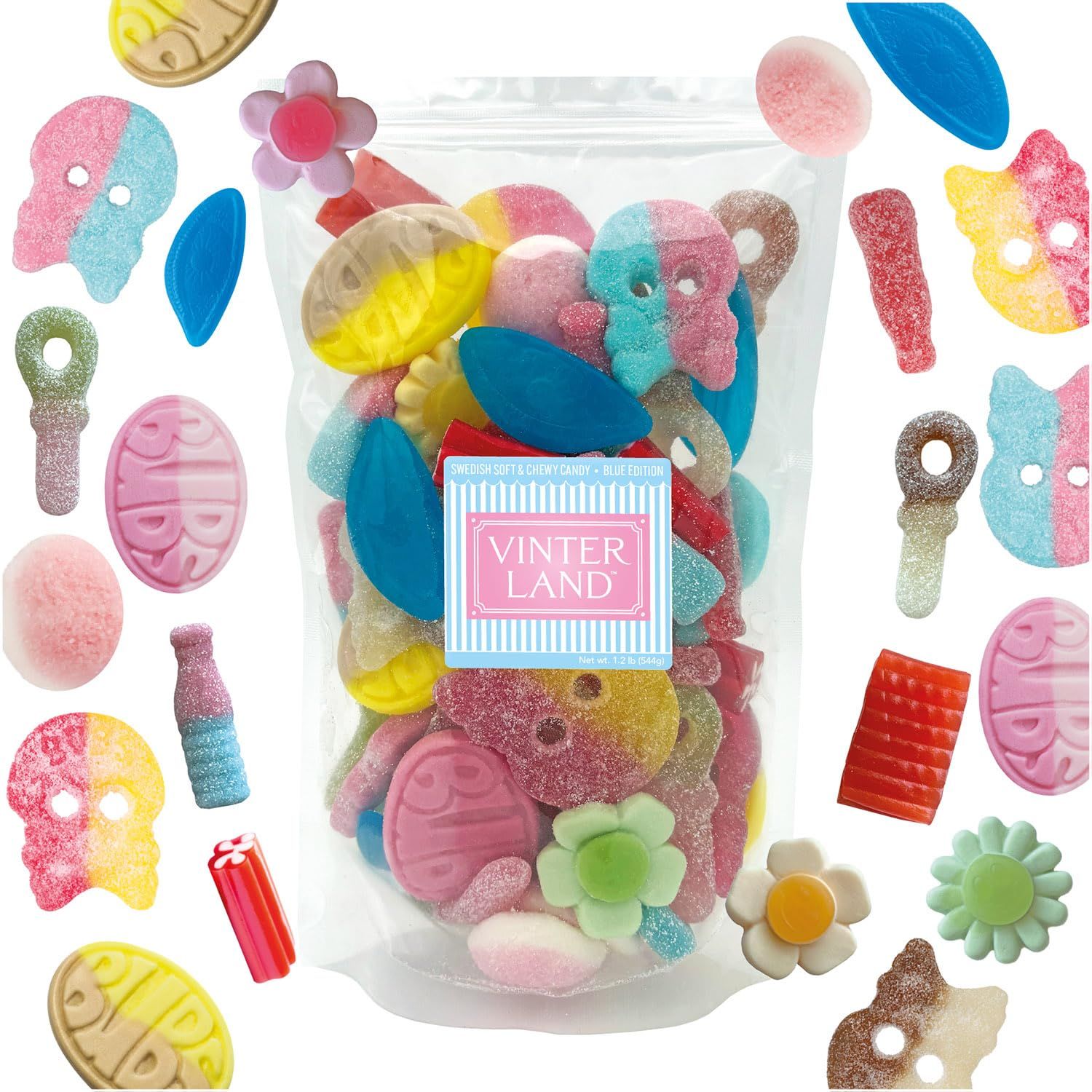 VINTERLAND - Bubs Swedish Candy Mix (1.2 Pounds) - Assorted Swedish Candy Bubs Godis - Big Bubs Ovals &amp; Big Swedish Candy Skulls - Raspberry Shots, Strawberry Dreams, and more - Blue-2 Edition