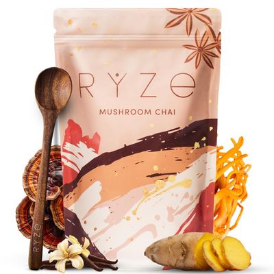 RYZE Mushroom Chai with 6 Organic Adaptogenic Mushrooms for Better Energy, Focus, Digestion, Immunity with USA Grown Turkey Tail, Shiitake, Lion&#39;s Mane, Reishi, Cordyceps - Gluten Free, 20 servings
