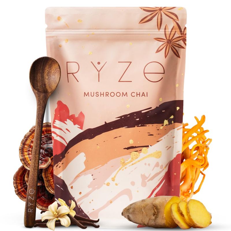 RYZE Mushroom Chai with 6 Organic Adaptogenic Mushrooms for Better Energy, Focus, Digestion, Immunity with USA Grown Turkey Tail, Shiitake, Lion&#39;s Mane, Reishi, Cordyceps - Gluten Free, 20 servings