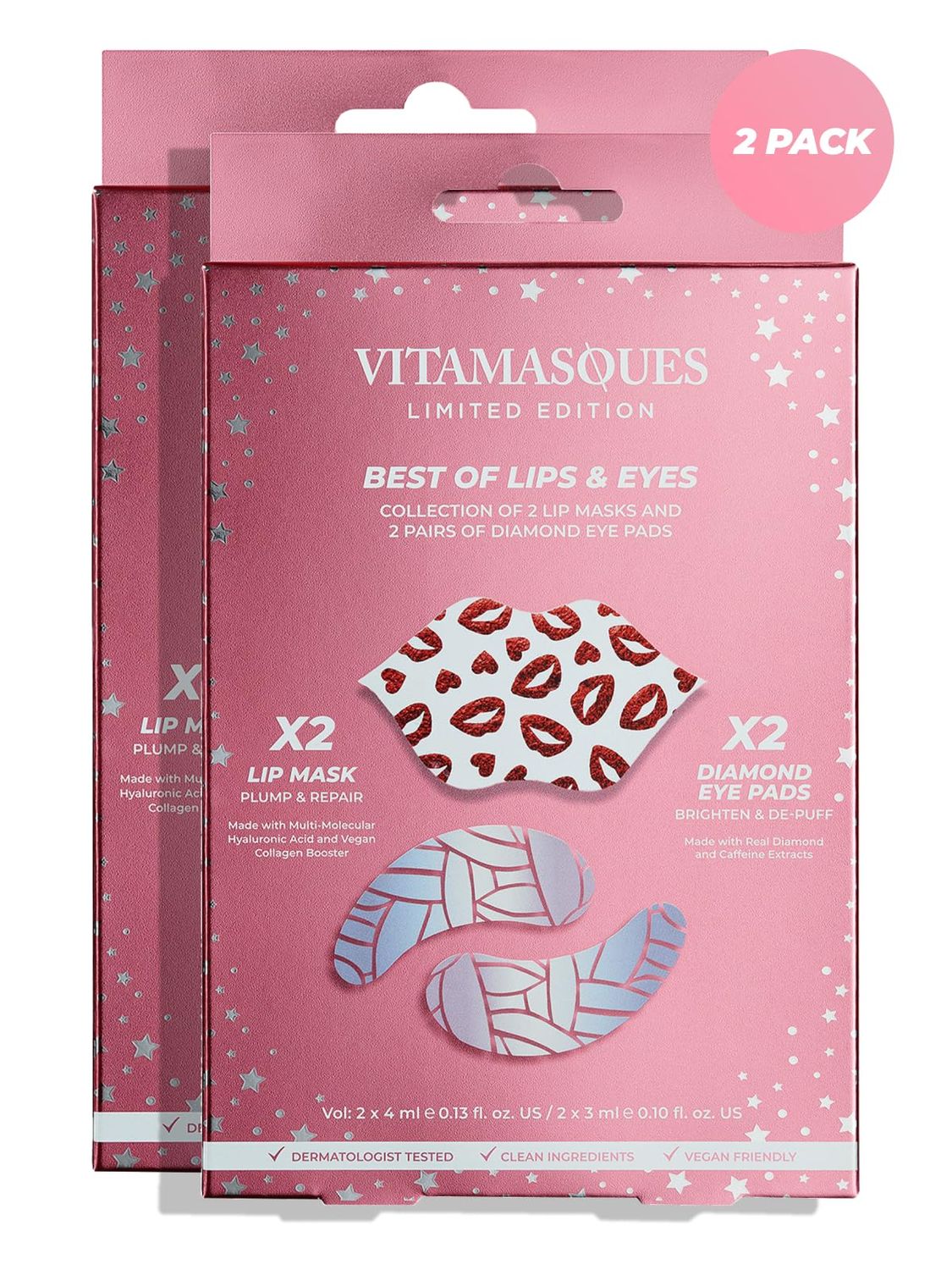 Vitamasques Under Eye Patches &amp; Lip Mask Sheets, Best of Eyes &amp; Lips Set 2 Packs - Eye Patches for Puffy Eyes - Under Eye Masks for Dark Circles and Puffiness - 2 x 4 Packs - 8 Pads