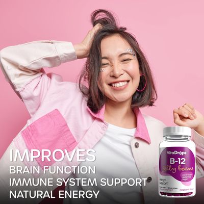 VitaDrops B-12 Jelly Beans, Supports Energy, Pectin Based, Vegan &amp; Gluten Free, Raspberry Flavor, 90 Jelly Beans, 30 Servings