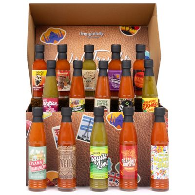 Thoughtfully Gourmet, World Traveler Suitcase Hot Sauce Gift Set, Vegan and Vegetarian, Flavors Like Cowboy Bacon, Italian Garlic, and More, Set of 15