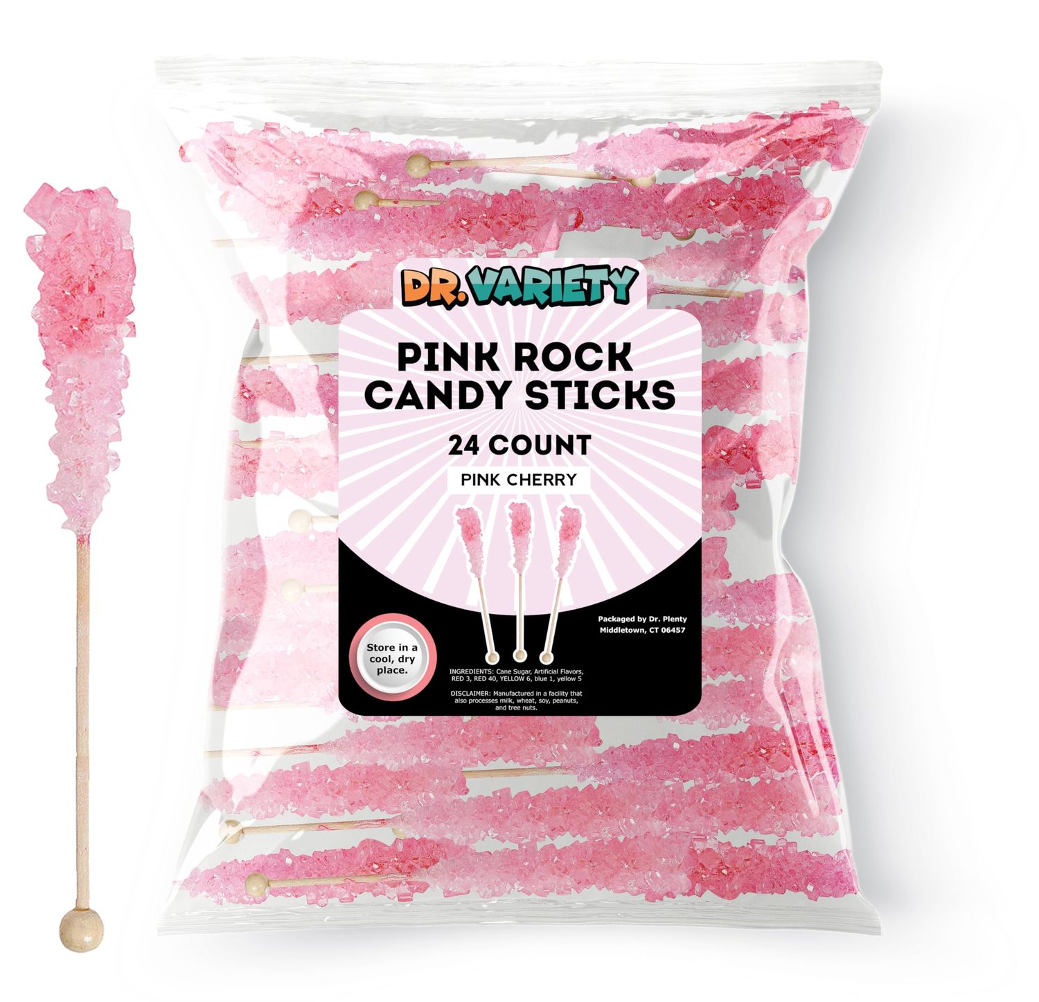 Pink Rock Candy on a Stick (24 Pack) - Bulk INDIVIDUALLY WRAPPED Cherry Pure Sugar Crystal Rock Sticks - Perfect for Party Favors, Weddings, Receptions, Buffets, Coffee, Bridal and Baby Showers!