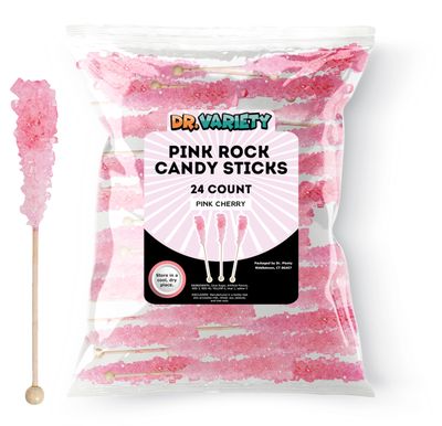 Pink Rock Candy on a Stick (24 Pack) - Bulk INDIVIDUALLY WRAPPED Cherry Pure Sugar Crystal Rock Sticks - Perfect for Party Favors, Weddings, Receptions, Buffets, Coffee, Bridal and Baby Showers!