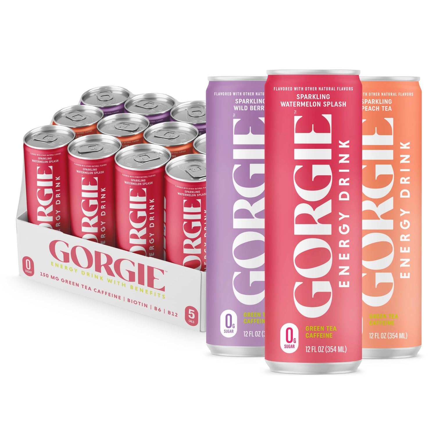GORGIE Original Variety, Sugar-Free Natural Energy Drink Sparkling, Healthy Energy Drinks - Green Tea, Biotin, B Vitamins -150mg Caffeine, Vegan, &amp; Low Calorie (Pack of 12)