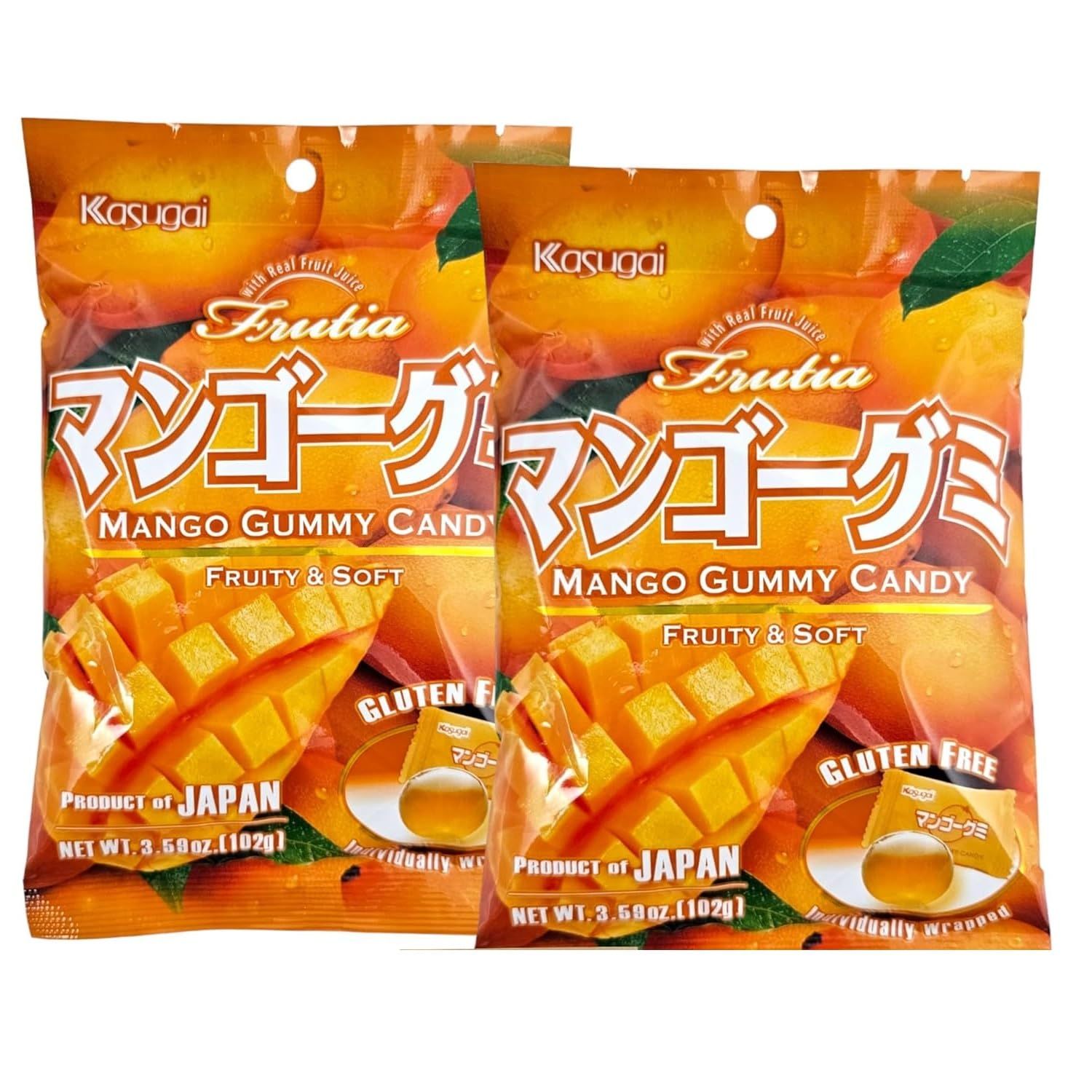 (Pack of 2) Kasugai Mango Gummy Candy, Fruity and Soft, Frutia with Real Fruit Juice, Gluten Free, Individually Wrapped, 3.59oz each (Total: 7.18 oz)