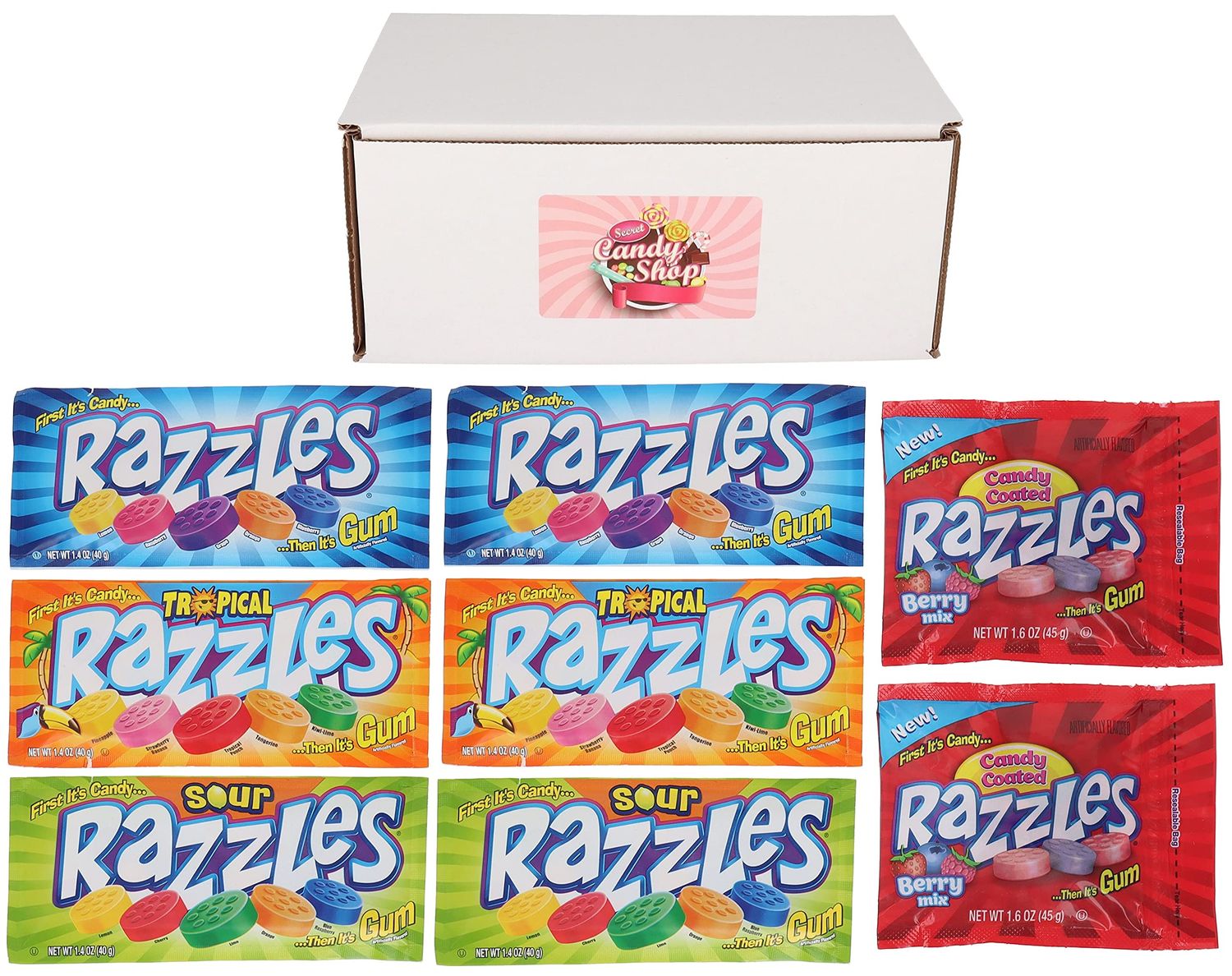 SECRET CANDY SHOP Razzles Gum Candies Variety Pack of 4 Flavors: Berry, Sour, Tropical, and Original (2 of each flavor, Total of 8)