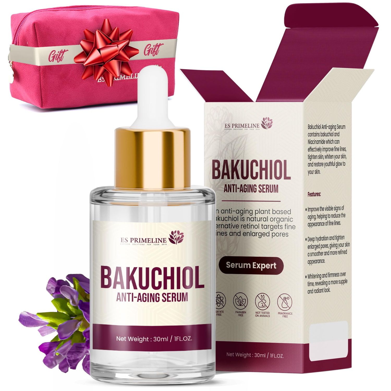 ES Primeline Bakuchiol Retinol Serum for Face for Smooth Skin Ultra Hydrating Serum Anti Aging for Fine Lines Vitamin C Wrinkles, Acne Mothers Day Gift