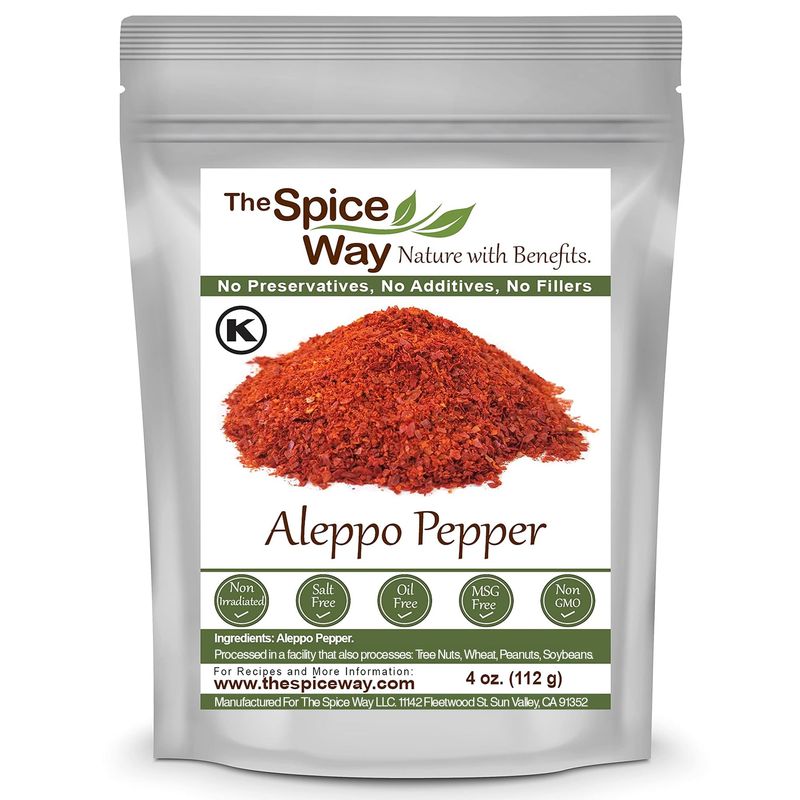 The Spice Way - Premium Aleppo Pepper Ground 4 oz. Crushed Aleppo Pepper Flakes (Halaby Pepper/Pul Biber/Marash Chili Pepper Flakes) Popular in Turkish and Middle Eastern/Mediterranean cooking