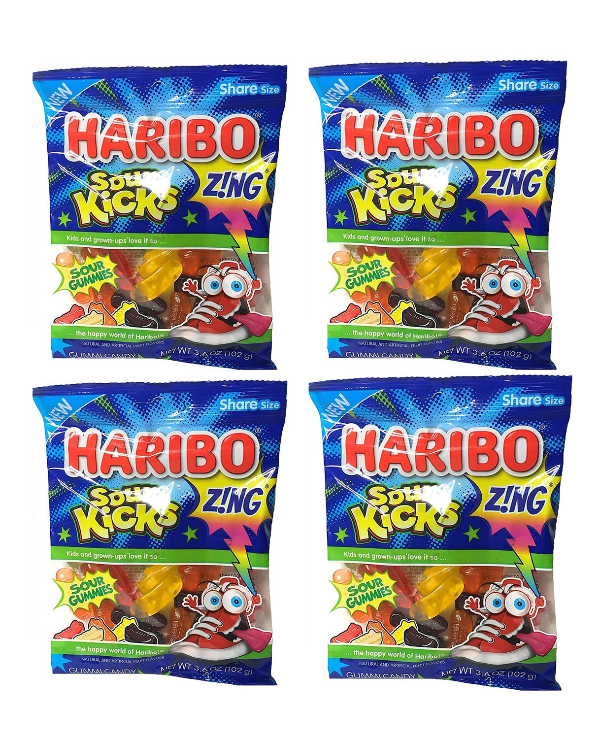 Haribo of America Haribo Zing Sour Kicks Gummies, 3.6 oz Bags, 4 Bags Total (Shoe Shaped Gummy Candy), Multi, 3.6 Ounce (Pack of 4)