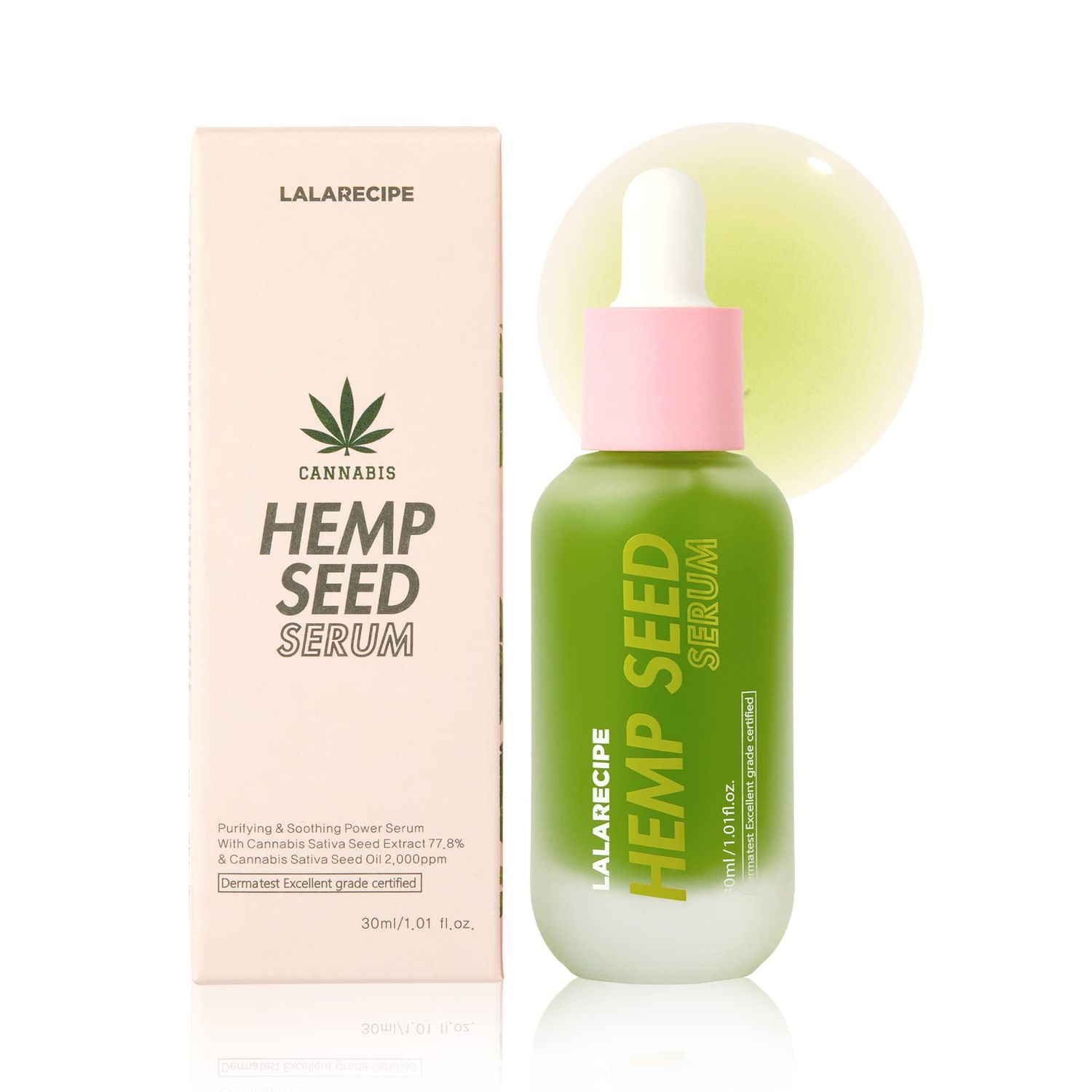 LALARECIPE Hemp Seed Facial Serum - Calming &amp; Hydrating Korean Serum with 77.8% Hemp Seed Extract, Cica &amp; 4 Patented Complexes - Soothing Vegan Skincare for Sensitive, Acne-Prone Skin (1.01 fl oz)