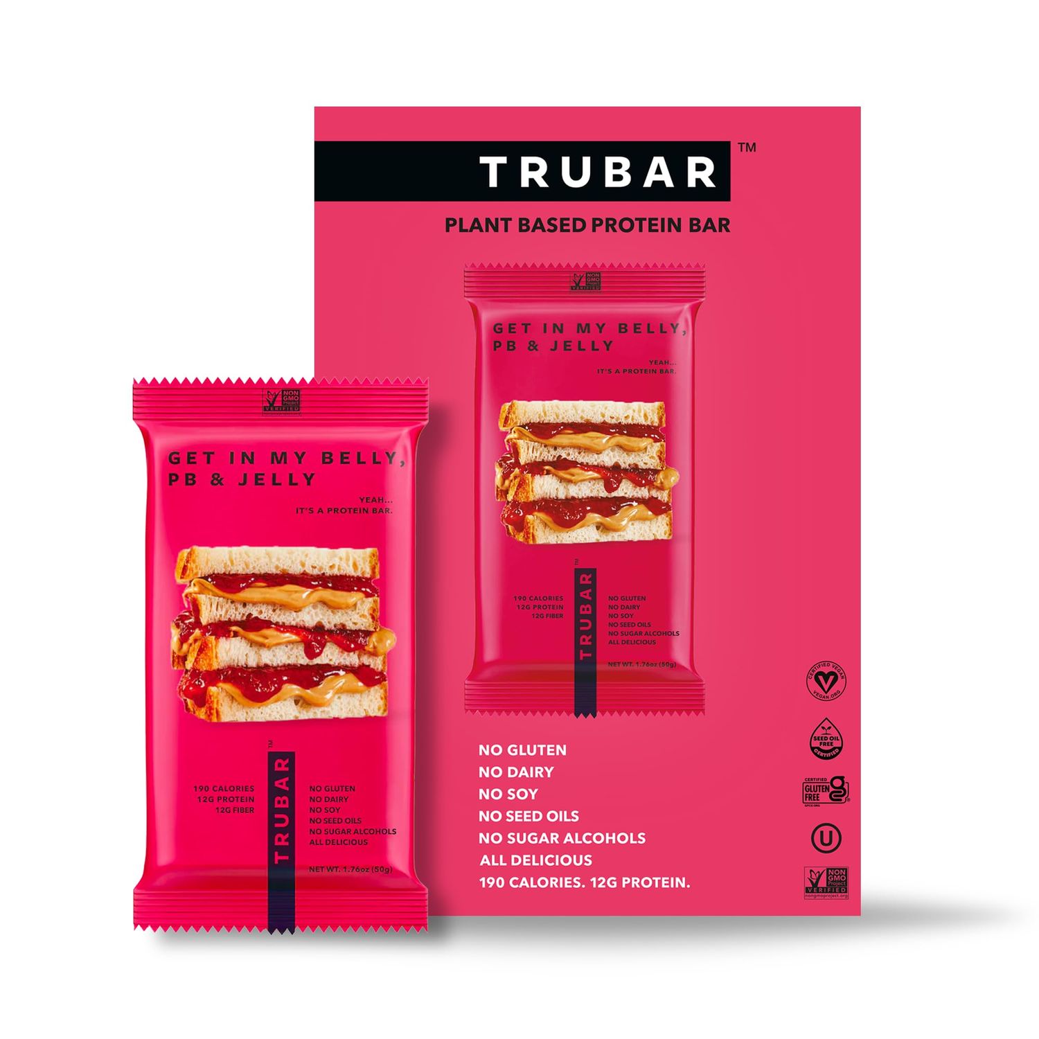 TRUBAR Vegan Protein Bar, Get In My Belly Pb &amp; Jelly, Gluten Free, Plant Based, High Fiber, Dairy Free, Low Fat, Non GMO, No Sugar Alcohols, 12G Lean Protein, 13G Fiber, Healthy Snack Bars, 12 CT
