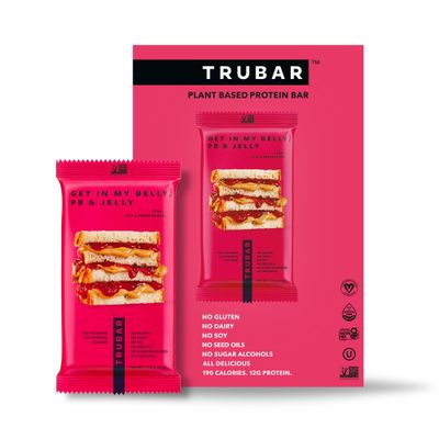 TRUBAR Vegan Protein Bar, Get In My Belly Pb &amp; Jelly, Gluten Free, Plant Based, High Fiber, Dairy Free, Low Fat, Non GMO, No Sugar Alcohols, 12G Lean Protein, 13G Fiber, Healthy Snack Bars, 12 CT