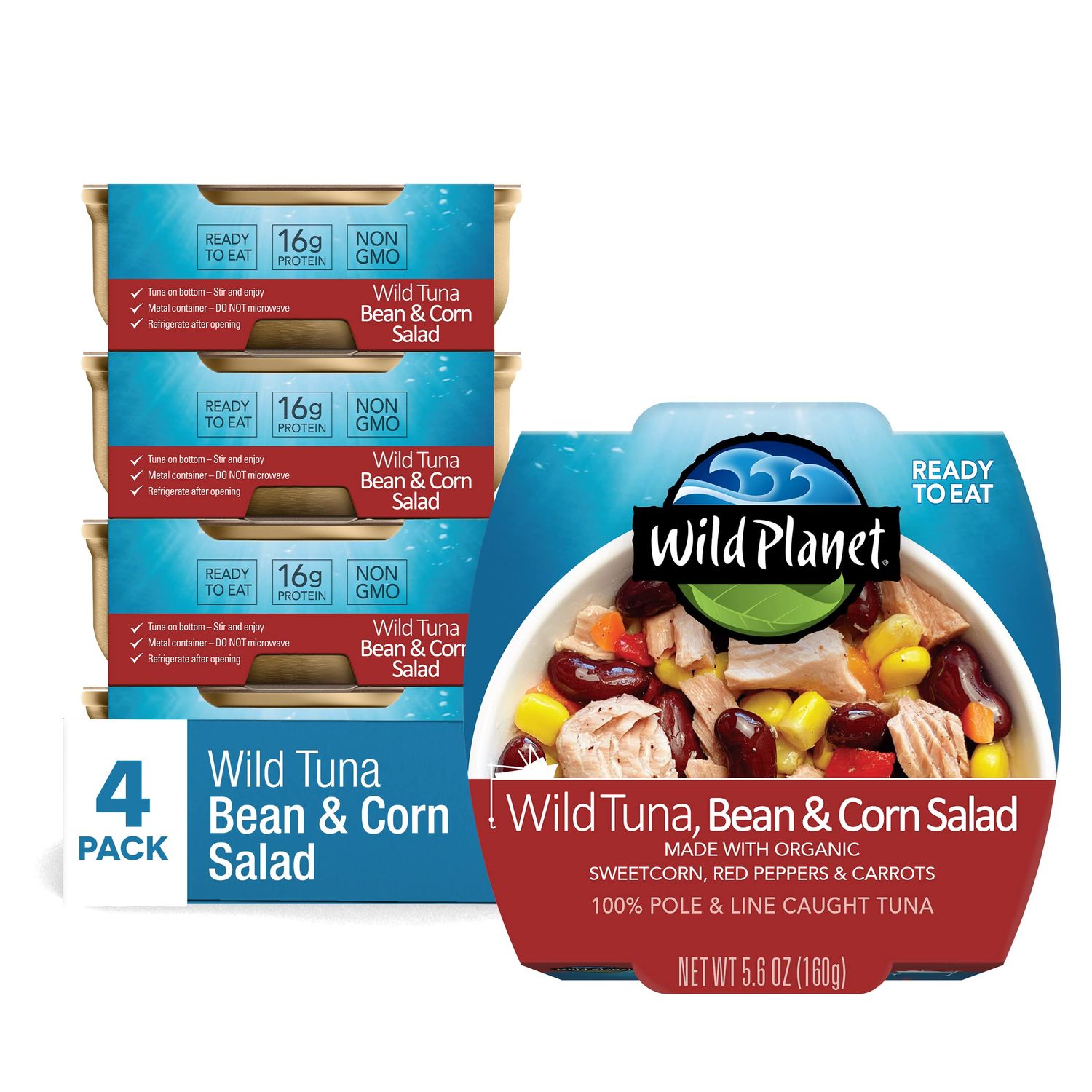 Wild Planet Ready-to-Eat Wild Tuna, Bean &amp; Corn Salad with Organic Sweetcorn, Red Peppers and Carrots, Tuna Salad, 5.6oz, Pack of 4