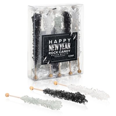 Candy Envy - Happy New Year Rock Candy Sugar Sticks - 10 Indiv. Wrapped - Silver, Black, White