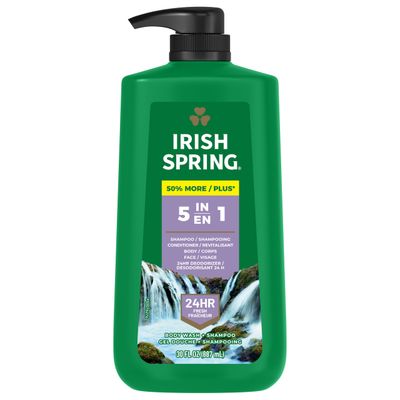 Irish Spring 5 in 1 Body Wash for Men, Men&#39;s Body Wash, Smell Fresh and Clean for 24 Hours, Conditions and Cleans Body, Face, and Hair, Made with Biodegradable Ingredients, 30 Oz Pump