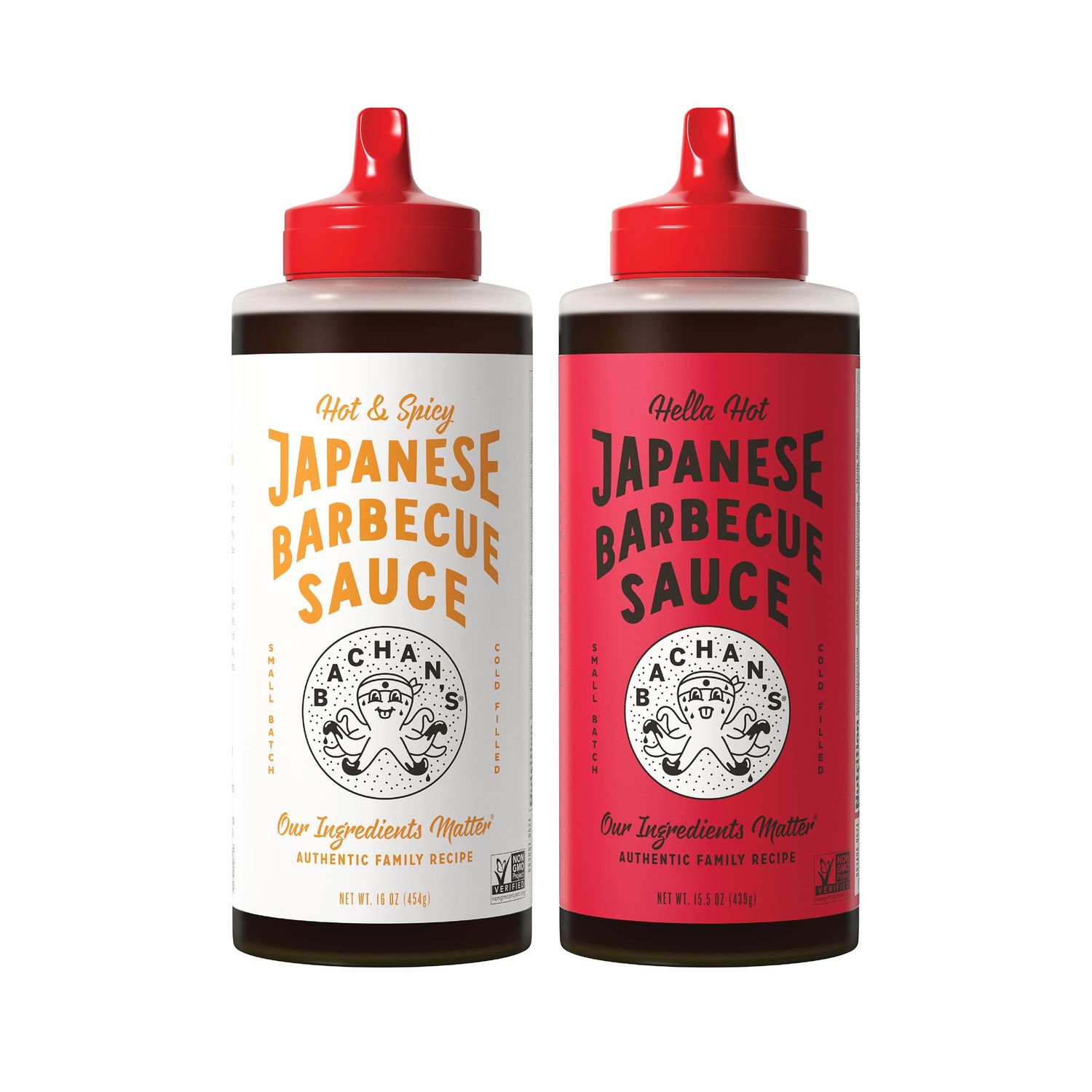 Bachan&#39;s Japanese Barbecue Sauce 2 Pack - 1 Hot &amp; Spicy, 1 Hella Hot - BBQ Sauce for Wings, Chicken, Beef, Pork, Seafood, Noodles, and More. Non GMO, No Preservatives, BPA free