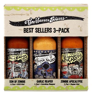Torchbearer Sauces Best-Sellers 3 Pack Mini Hot Sauce Gift Set, 1.7 Oz each - Zombie Apocalypse, Garlic Reaper, Son of Zombie