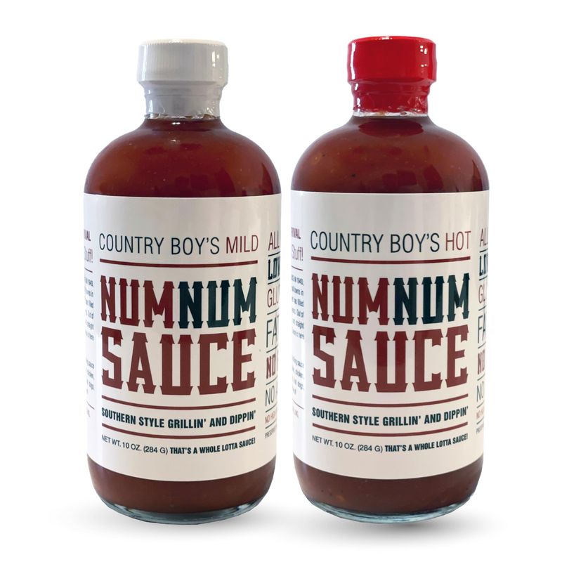 Num Num Sauce Kit - Mild and Hot Bundle - Pack of 2 (10oz Bottles) Southern Style Grill and Dipping Sauce - Low Sodium, Fat-Free, No Preservatives and Gluten-Free