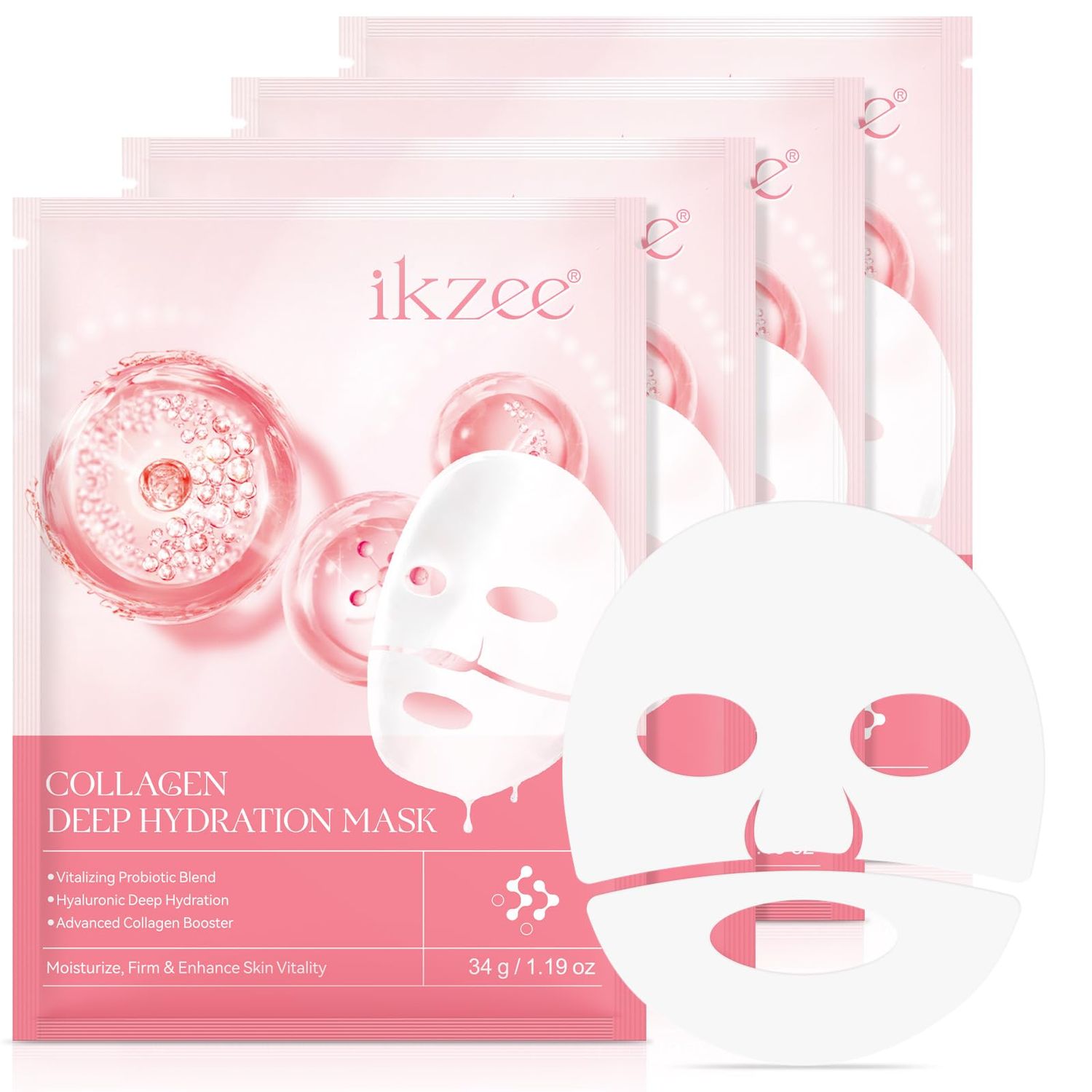 Collagen Face Mask 34gx4ea, Collagen night wrapping mask, enhancing skin vitality, radiant complexion, Facial Hydrogel Masks with low molecular weight collagen for elasticity