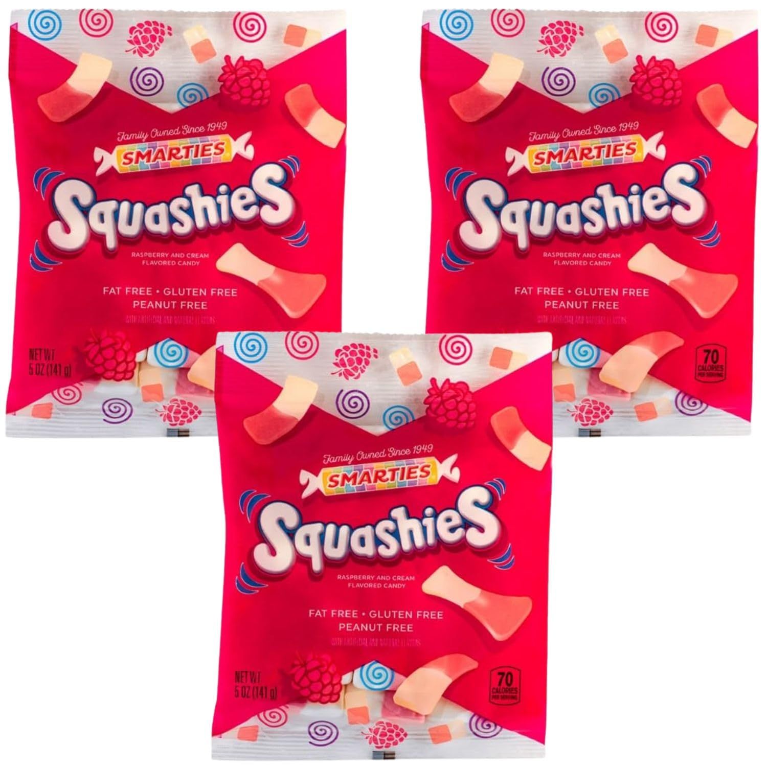 Squashies 5 Ounce Bag Each (3 Pack Gift Set, 15 Ounces Total), Marshmallows Gummies Candy, Gluten Free Candy, Raspberries &amp; Cream Flavored, Fat Free Sweet, Peanut Free Treat