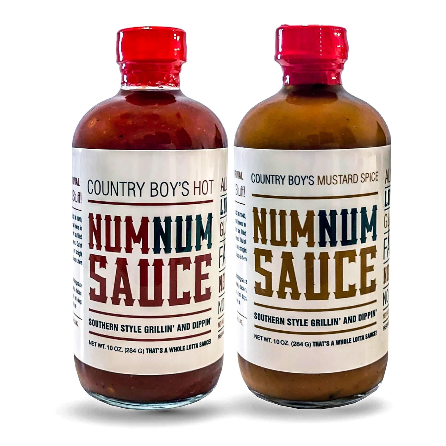 Num Num Sauce Kit - Mustard Spice and Hot Sauce Bundle - Pack of 2 (10oz Bottles) - Southern Style Grill and Dipping - Low Sodium, Fat-Free, No Preservatives and Gluten-Free Dipping Mustard Set