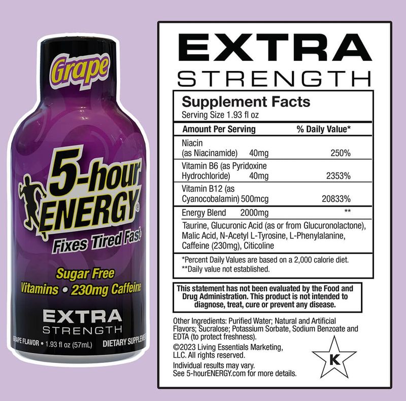 5-hour ENERGY Extra Strength Energy Shot, Grape Flavor, 1.93 oz., 30 Count, Zero Calories &amp; Sugar-Free 230 mg Caffeinated Energy Shot, Amino Acids &amp; B Vitamins, Dietary Supplements