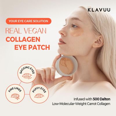 KLAVUU Real Vegan Collagen Eye Patches (60 Patches) - Korean Overnight Under Eye Mask for Puffy, Sagging Eyes, Fine Lines & Wrinkles Elasticity Boost with Low-Molecular Carrot Collagen (500 Daltons)