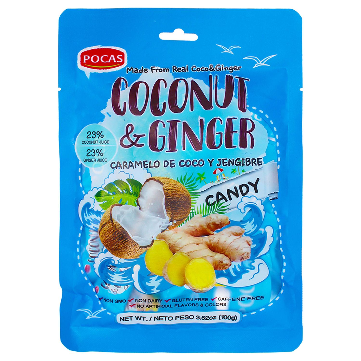 Pocas Hard Candy, Coconut &amp; Ginger, 100 Gram (Pack of 2)