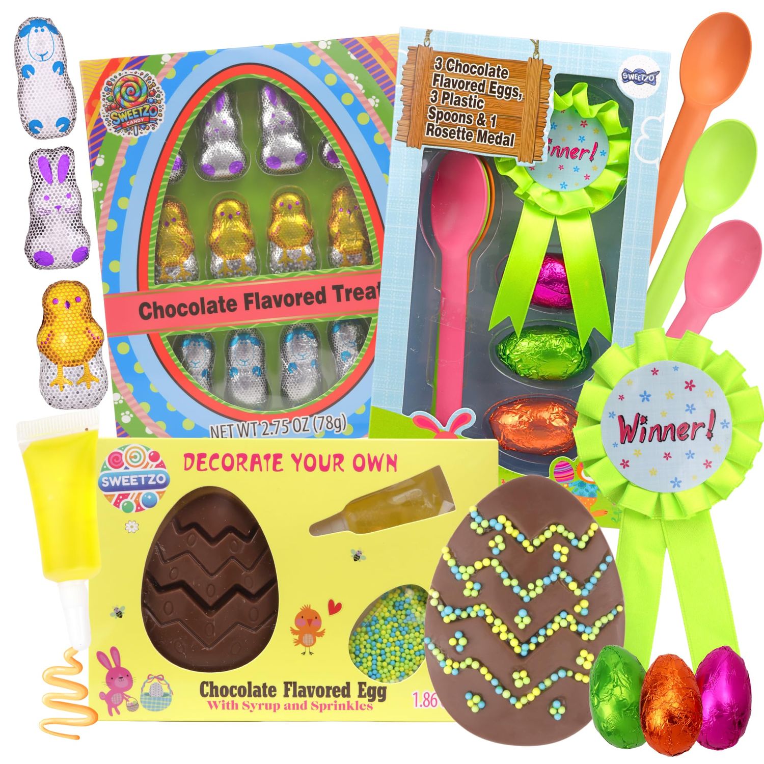 Easter Basket Stuffer Assortment, Egg and Spoon Relay Race Set, Decorating Kit, and Mini Chocolatey Characters, 3 Items