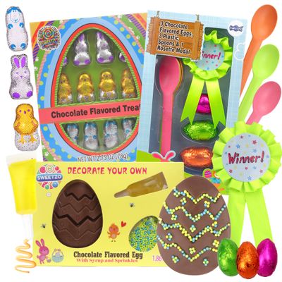 Easter Basket Stuffer Assortment, Egg and Spoon Relay Race Set, Decorating Kit, and Mini Chocolatey Characters, 3 Items