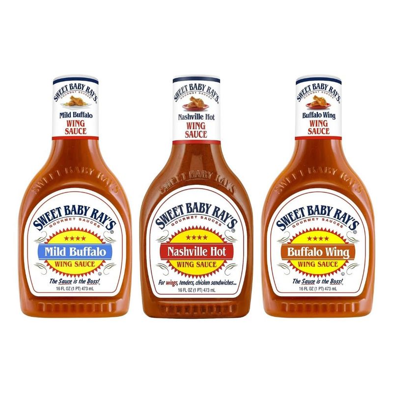 Sweet Baby Rays Nashville Hot, Mild Buffalo, Regular Buffalo Wing Sauce Variety Pack, 16 fl oz. (Pack of 3)