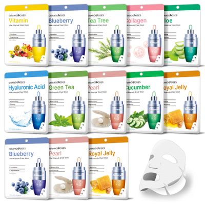 Orangeroses 13 Pcs Combo Vital Ampoule Sheet Mask, Korean Facial Skincare Sheet Simple &amp; Effective Skincare Routine Moisturization Wrinkle Care Brightening (New Upgraded Mask)