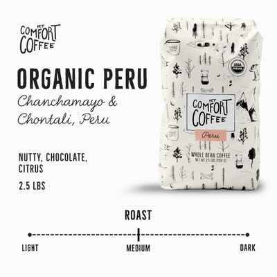 Mt. Comfort Coffee Organic Peru Medium Roast, 2.5 Pounds - Flavor Notes of Nutty, Chocolate, &amp; Citrus - Sourced From Small, Peruvian Coffee Farms - Roasted Whole Beans