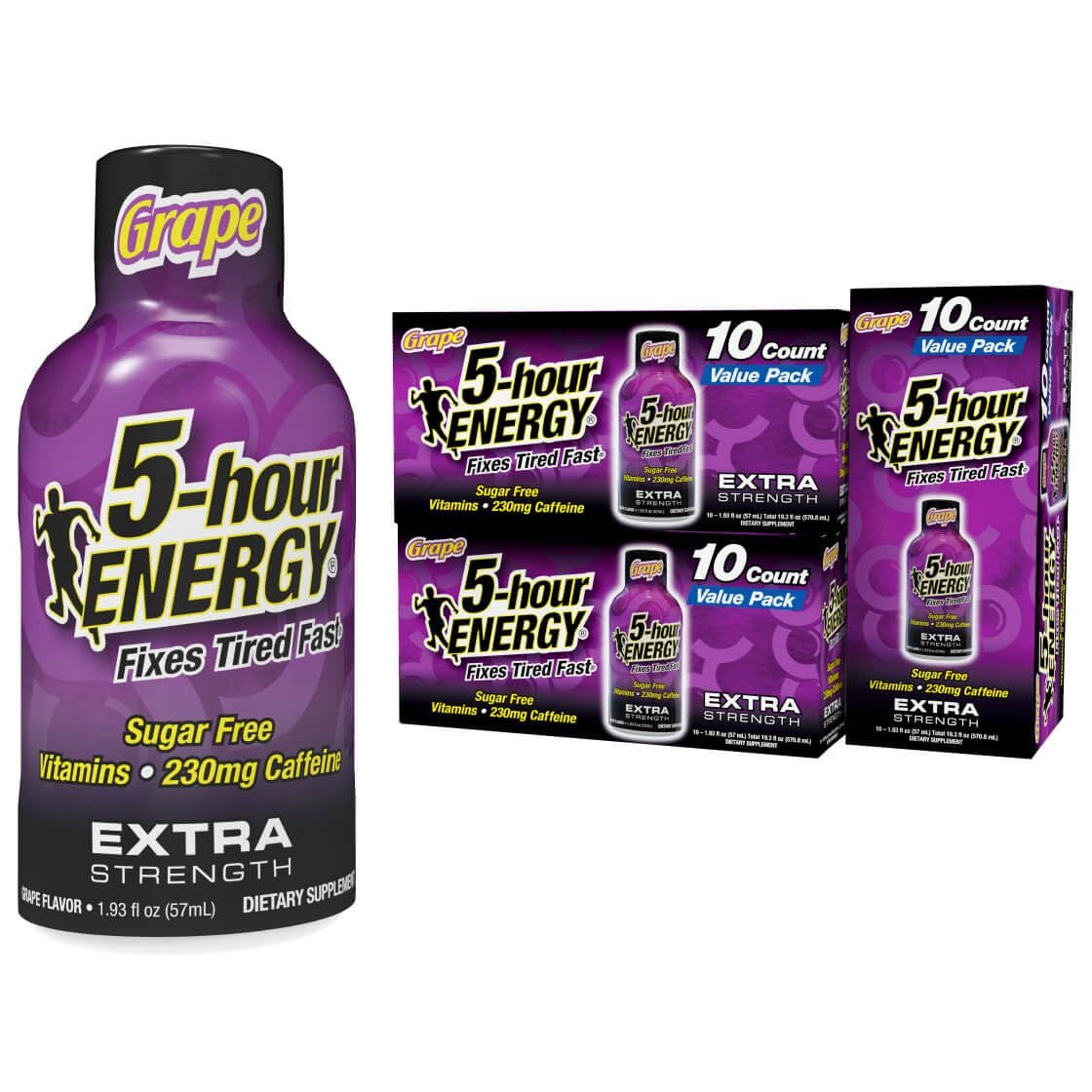 5-hour ENERGY Extra Strength Energy Shot, Grape Flavor, 1.93 oz., 30 Count, Zero Calories &amp; Sugar-Free 230 mg Caffeinated Energy Shot, Amino Acids &amp; B Vitamins, Dietary Supplements