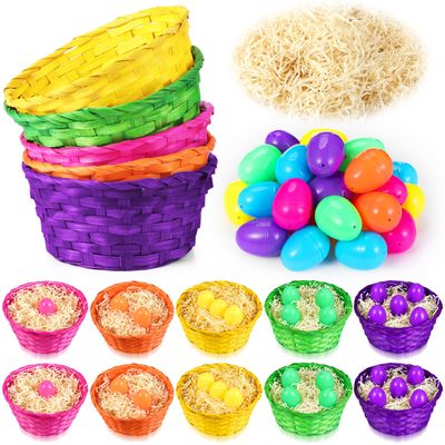 DoubleFill Set of 50 Easter Egg Hunts Game Set Include 10 Colorful Woven Wicker Basket 30 Eggs 10 Grass Shredded Paper Filler Gifts for Easter Hunts Game Party Favors Decoration