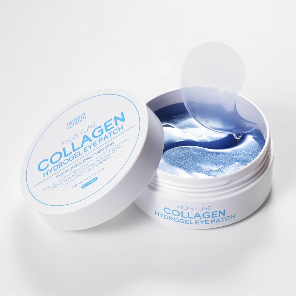 TENZERO Moisture Collagen Hydrogel Eye Patch (60 pairs, 90g), Collagen Treatments for Puffy Eye, Dark Circles, Fine Lines, Revitalizing, Hydrating Eye Pads, Korean Under Eye Masks Skincare