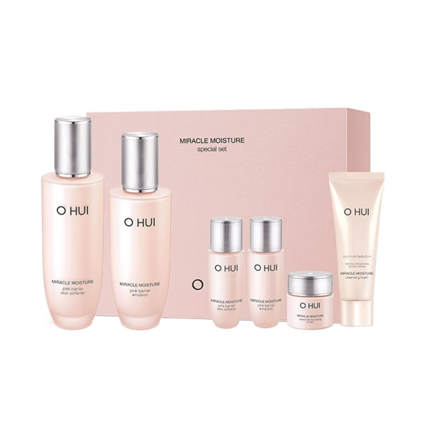 O HUI Miracle Moisture Set Korean Skin Care Set, 2 Full Size 4 Travel Essentials Helps Strengthen Skin Barrier, Glowing Skin, Glass Skin Softener Lotion, Face Wash, Emulsion Ceramide, Peptide