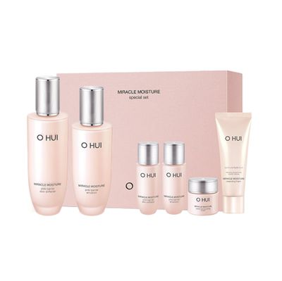 O HUI Miracle Moisture Set Korean Skin Care Set, 2 Full Size 4 Travel Essentials Helps Strengthen Skin Barrier, Glowing Skin, Glass Skin Softener Lotion, Face Wash, Emulsion Ceramide, Peptide