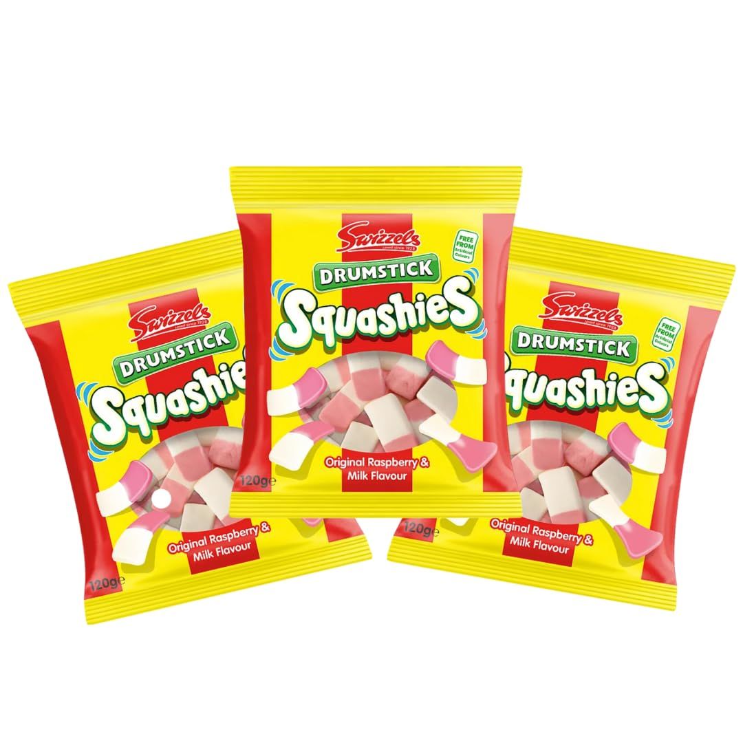 Squashies DrumStick Original Rasberry &amp; Milk Flavour Candies 120g 3 Pack Deal Imported from the UK