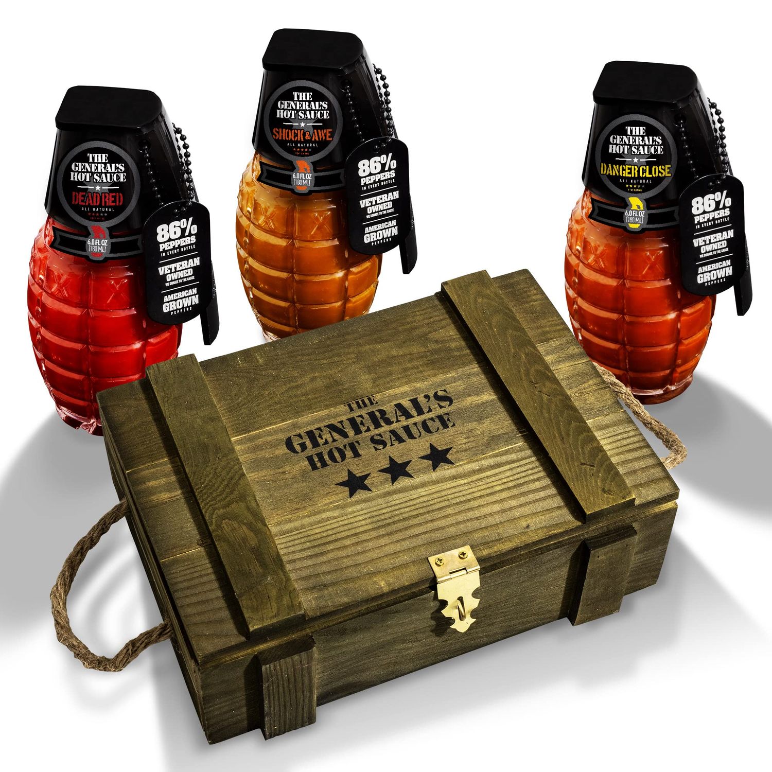 The General&#39;s Hot Sauce 3-Star Ammo Crate - 3-Pack Gift Set (Dead Red, Danger Close, Shock &amp; Awe) - American-Grown Peppers, Glass Grenade Bottles in Military-Inspired Gift Box - Veteran-Owned