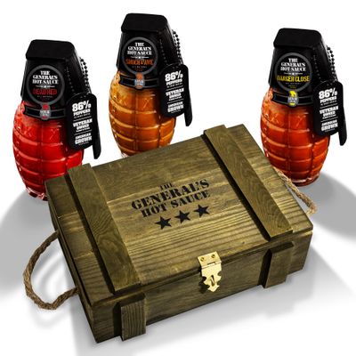 The General&#39;s Hot Sauce 3-Star Ammo Crate - 3-Pack Gift Set (Dead Red, Danger Close, Shock &amp; Awe) - American-Grown Peppers, Glass Grenade Bottles in Military-Inspired Gift Box - Veteran-Owned