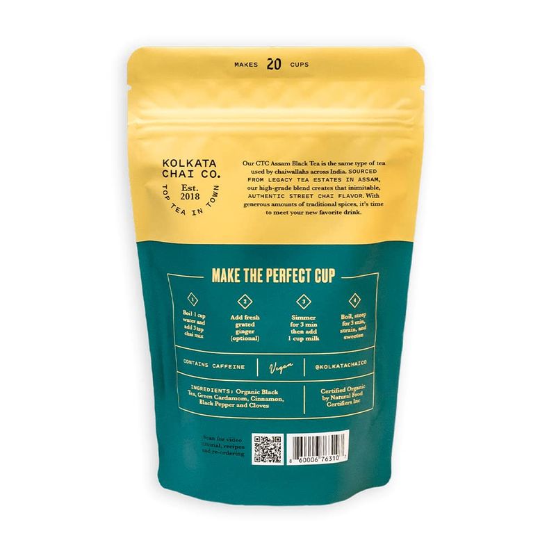 Kolkata Chai Signature Masala Chai mix, 100% Organic Black Tea, Makes 20 cups, Premium loose leaf tea and spice blend, All Natural, 4.23 oz