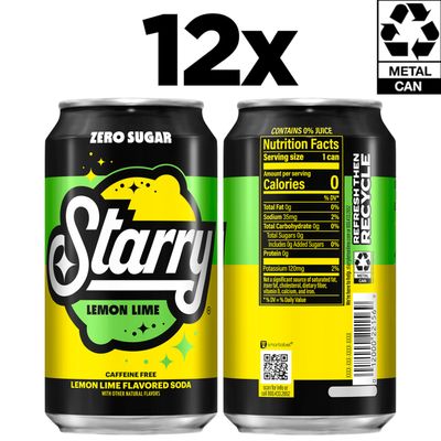 Starry Zero Sugar Lemon Lime Soda, 12 Fl Oz Cans (Pack of 12)