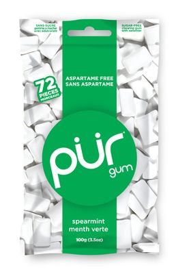 PUR 100% Xylitol Chewing Gum, Spearmint, Sugar Aspartame Free, Vegan Non Gmo, 72 Count