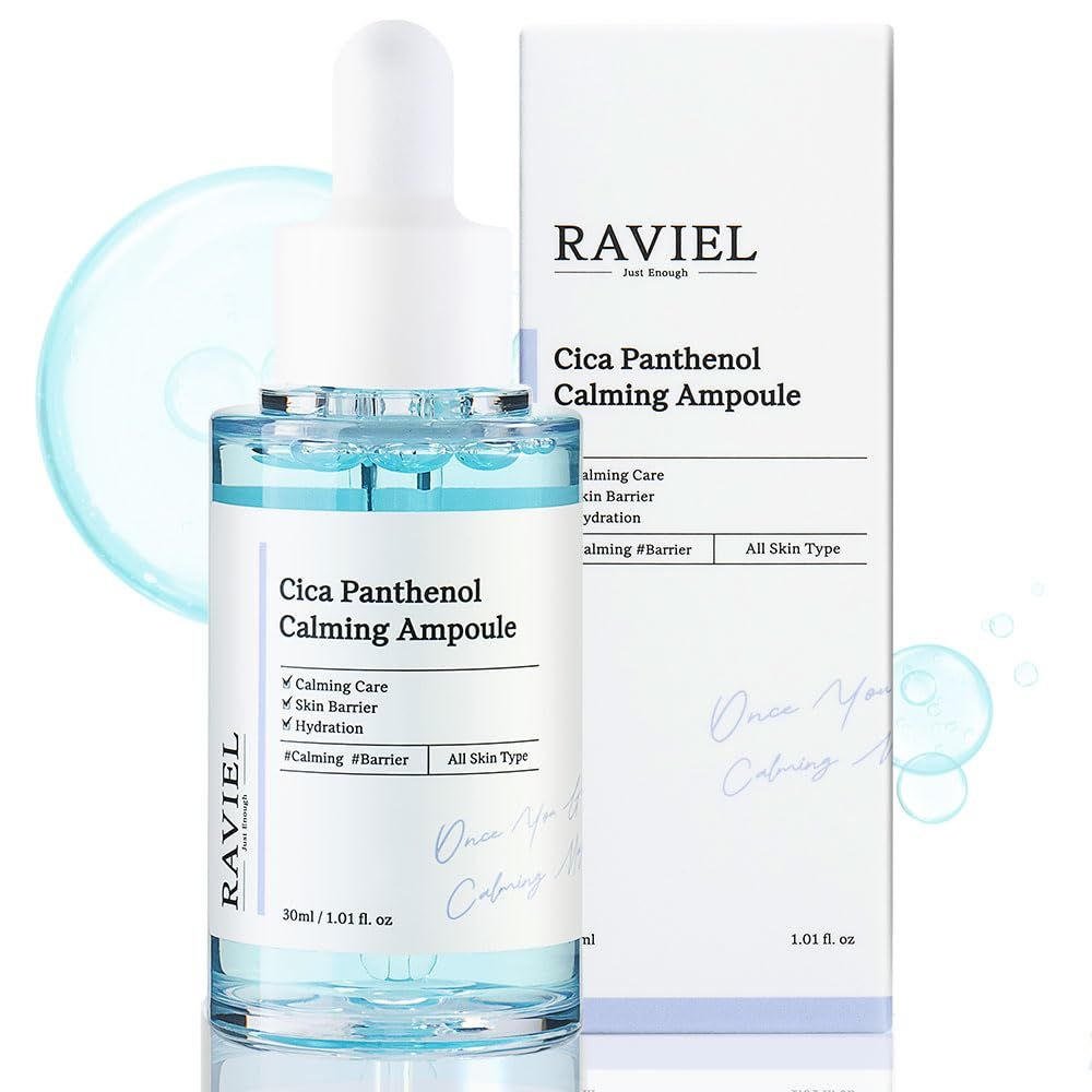 RAVIEL Cica Panthenol Calming Ampoule Centella Extract, Soothing &amp; Wrinkle Care, Hydration for Sensitive Skin Korean Skincare (1.01 fl oz)